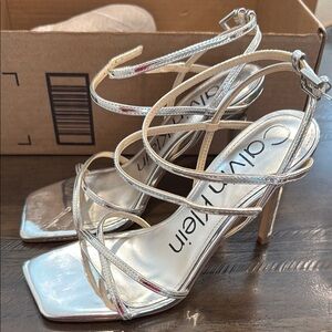 Calvin Klein 7.5 Tegin Silver Stiletto Square Toe Dress Sandal Heels